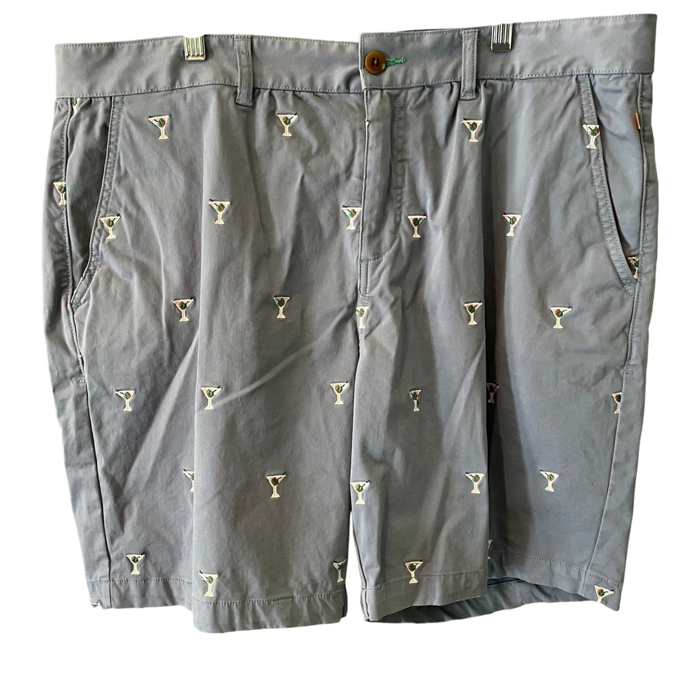 True Grit Mens 38 Martini Glass Embroidered Chino Shorts Blue Flat Front Casual